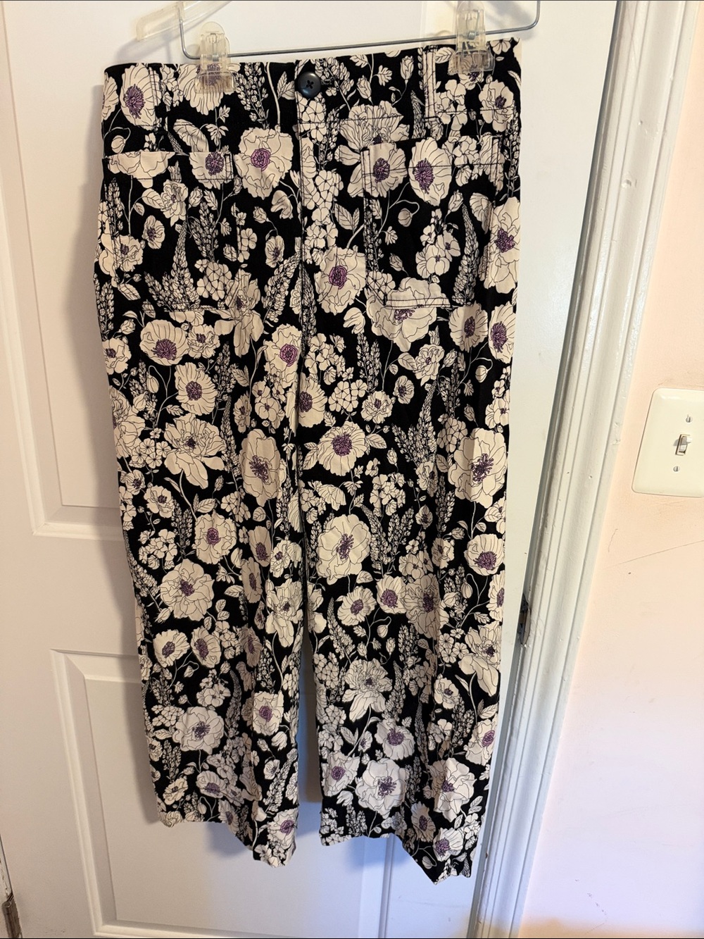 Maeve Black Floral the Colette Pants with Cream and Purple Flowers